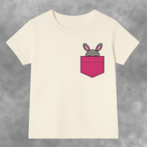 Peek-a-Boo Bunny Pocket Tee for kids with bright pink pocket Kids t-shirt with bunny in pocket design Cute children’s t-shirt in pink and white